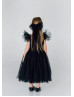 Black Pearls Tulle Open Back Flower Girl Dress